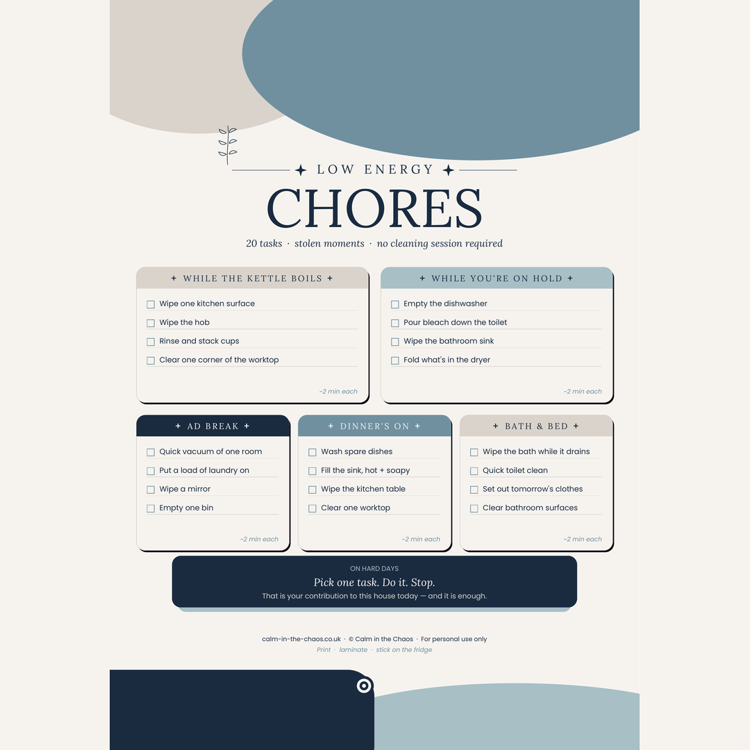 Low Energy Chores printable — A4 PDF cover